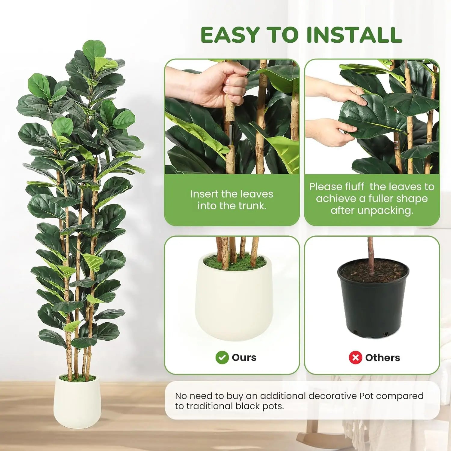 Artificial Fiddle Leaf Fig Tree Lifelike Faux Indoor Plant with Pot (5 Ft/6Ft/7Ft)