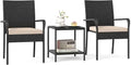 3-Piece Outdoor Patio Furniture Set PE Rattan Cushioned Conversation Chairs & 2-Tier Tempered Glass Table