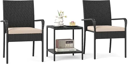 3-Piece Outdoor Patio Furniture Set PE Rattan Cushioned Conversation Chairs & 2-Tier Tempered Glass Table