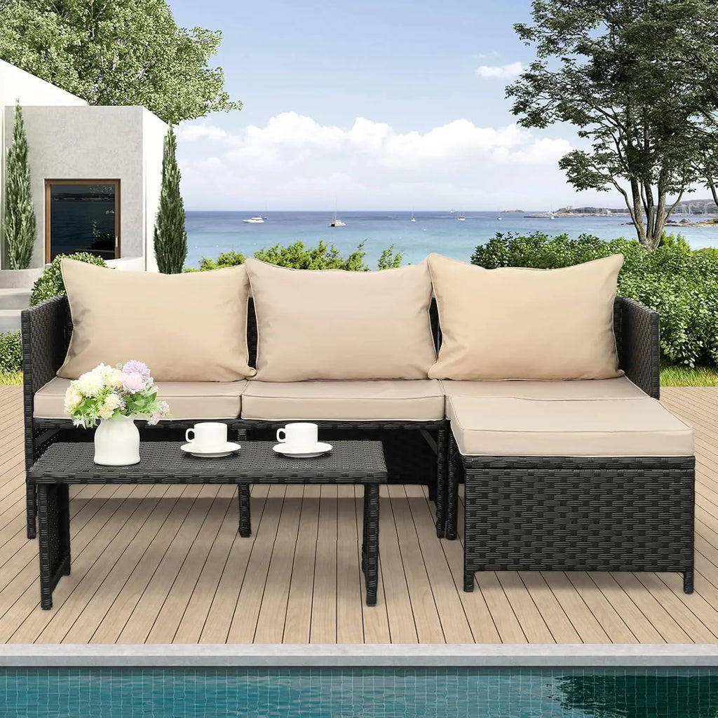 3-Piece Outdoor PE Rattan Furniture Set Black Wicker Conversation Loveseat & Sectional Sofa with Khaki Cushions