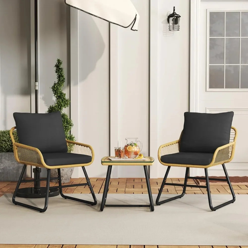3-Piece Outdoor Wicker Bistro Set PE Rattan Patio Furniture with 2 Chairs & Tempered Glass Table