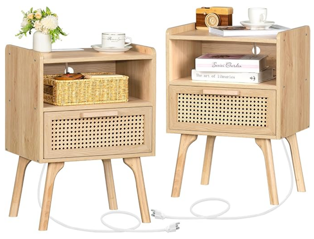 Set of 2 BoHo Night Stands with Storage Drawer & Charing Port