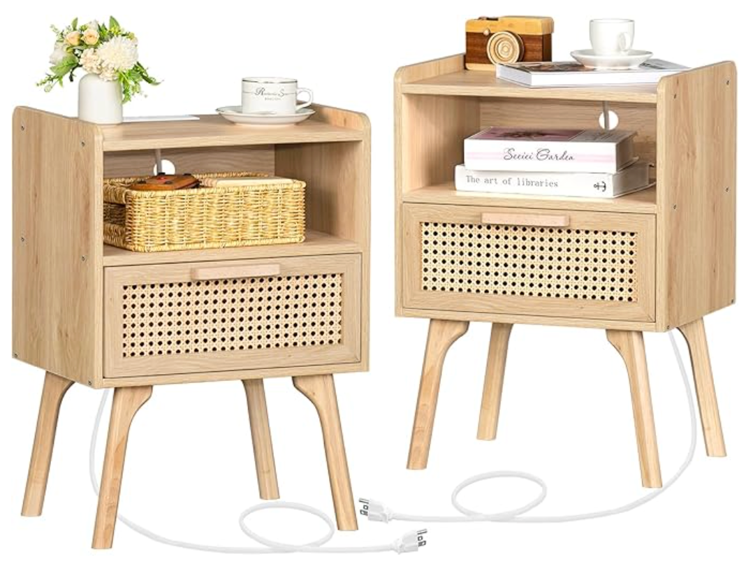 Set of 2 BoHo Night Stands with Storage Drawer & Charing Port