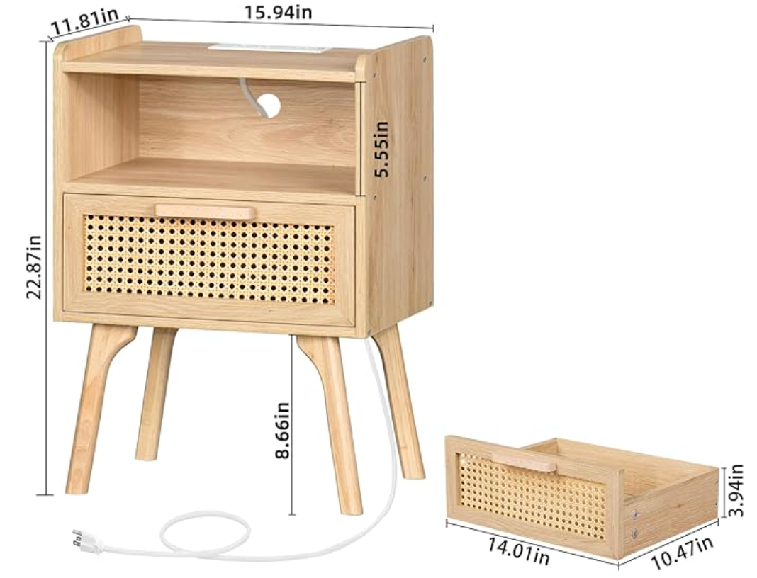 Set of 2 BoHo Night Stands with Storage Drawer & Charing Port