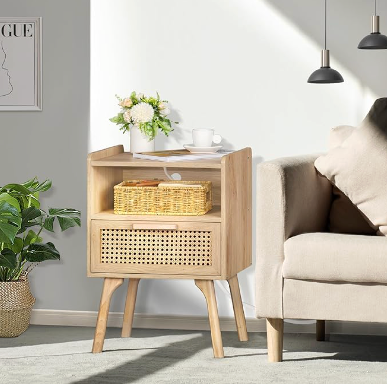 Set of 2 BoHo Night Stands with Storage Drawer & Charing Port