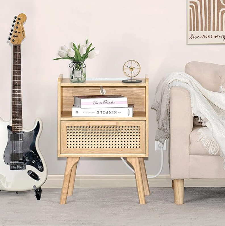 Set of 2 BoHo Night Stands with Storage Drawer & Charing Port