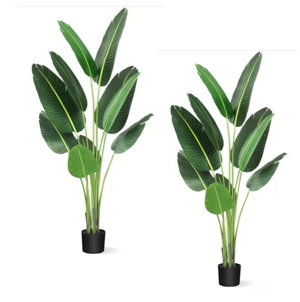 Set of 2 - 5 ft Artificial Bird of Paradise Banana Leaf Plants Lifelike Faux Tropical Trees with Pots for Home & Office Decor