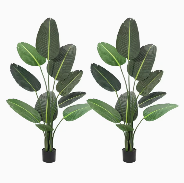 Set of 2 - 5 ft Artificial Bird of Paradise Banana Leaf Plants Lifelike Faux Tropical Trees with Pots for Home & Office Decor