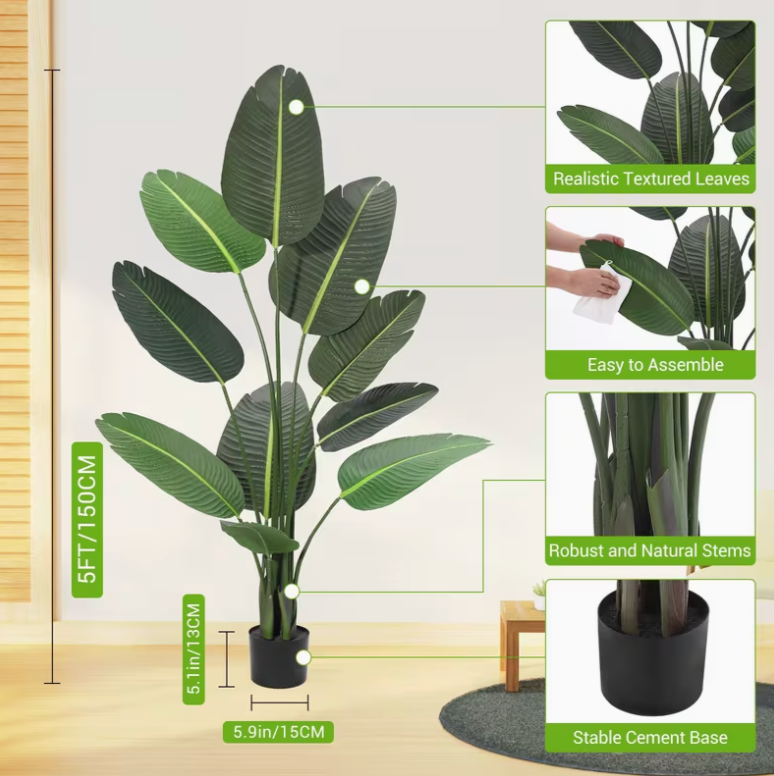 Set of 2 - 5 ft Artificial Bird of Paradise Banana Leaf Plants Lifelike Faux Tropical Trees with Pots for Home & Office Decor