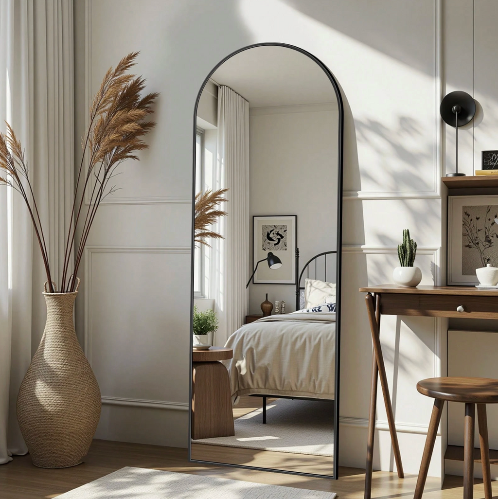 64″ x 21″ Black Arched Full‑Length Mirror Freestanding & Wall‑Mountable Floor Mirror with Stand & Hooks