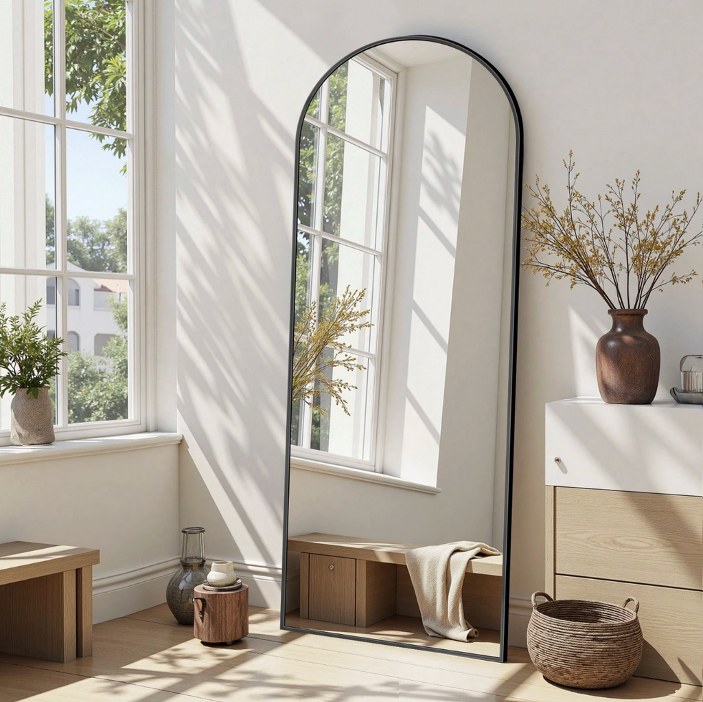 64″ x 21″ Black Arched Full‑Length Mirror Freestanding & Wall‑Mountable Floor Mirror with Stand & Hooks
