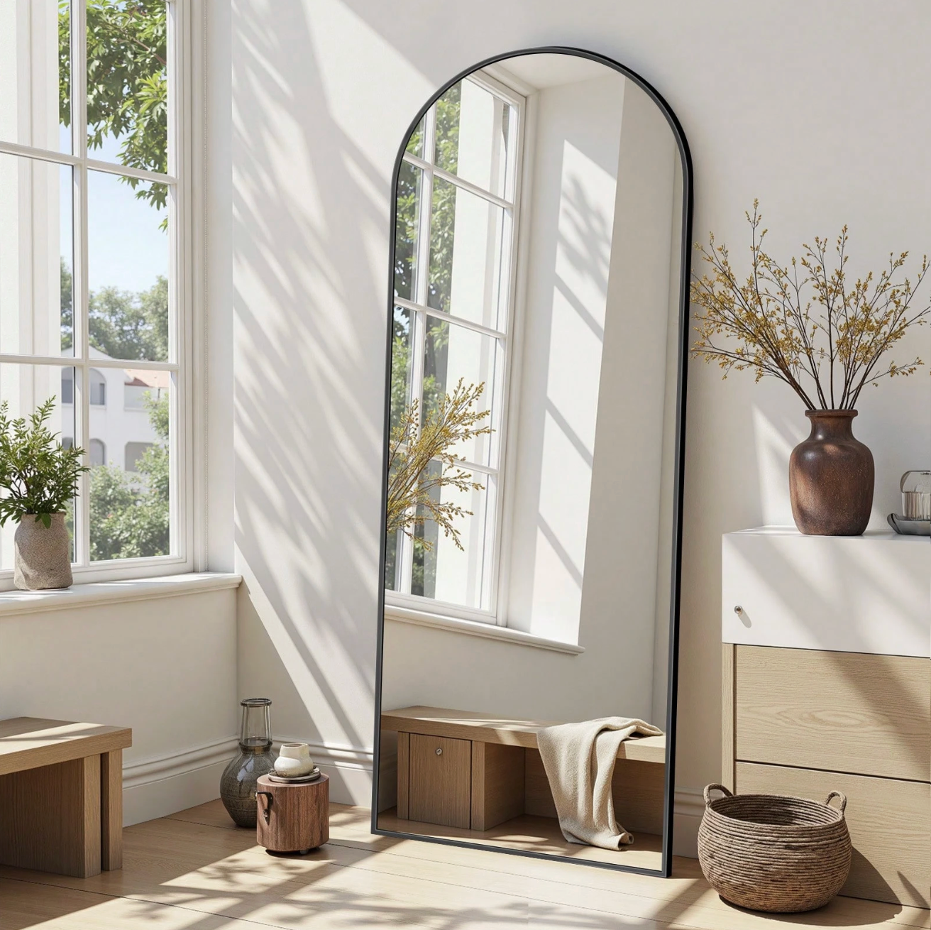 64″ x 21″ Black Arched Full‑Length Mirror Freestanding & Wall‑Mountable Floor Mirror with Stand & Hooks