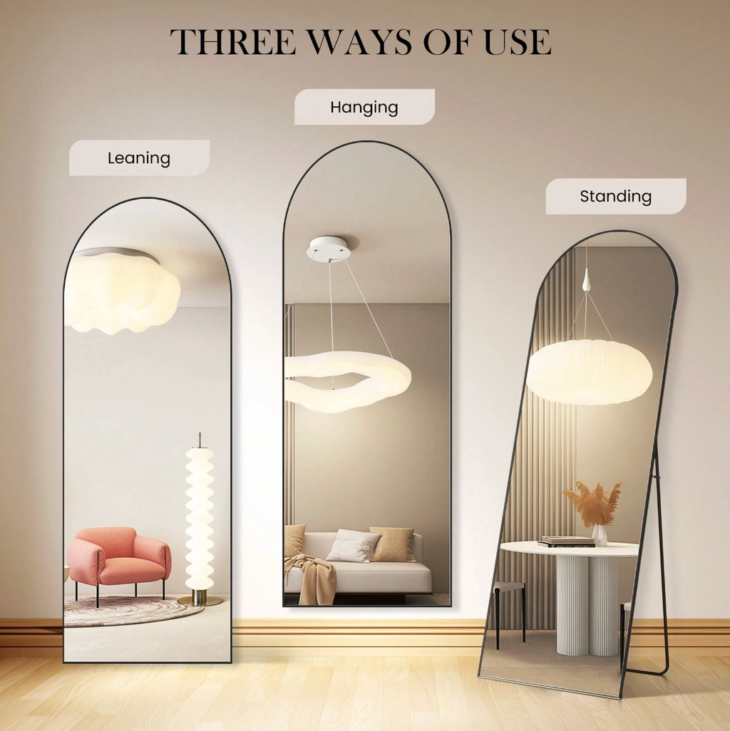 64″ x 21″ Black Arched Full‑Length Mirror Freestanding & Wall‑Mountable Floor Mirror with Stand & Hooks