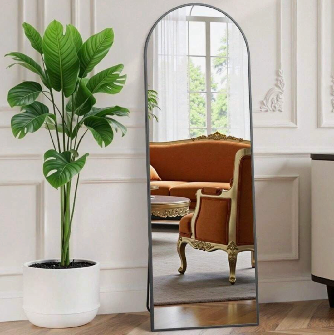 64″ x 21″ Black Arched Full‑Length Mirror Freestanding & Wall‑Mountable Floor Mirror with Stand & Hooks