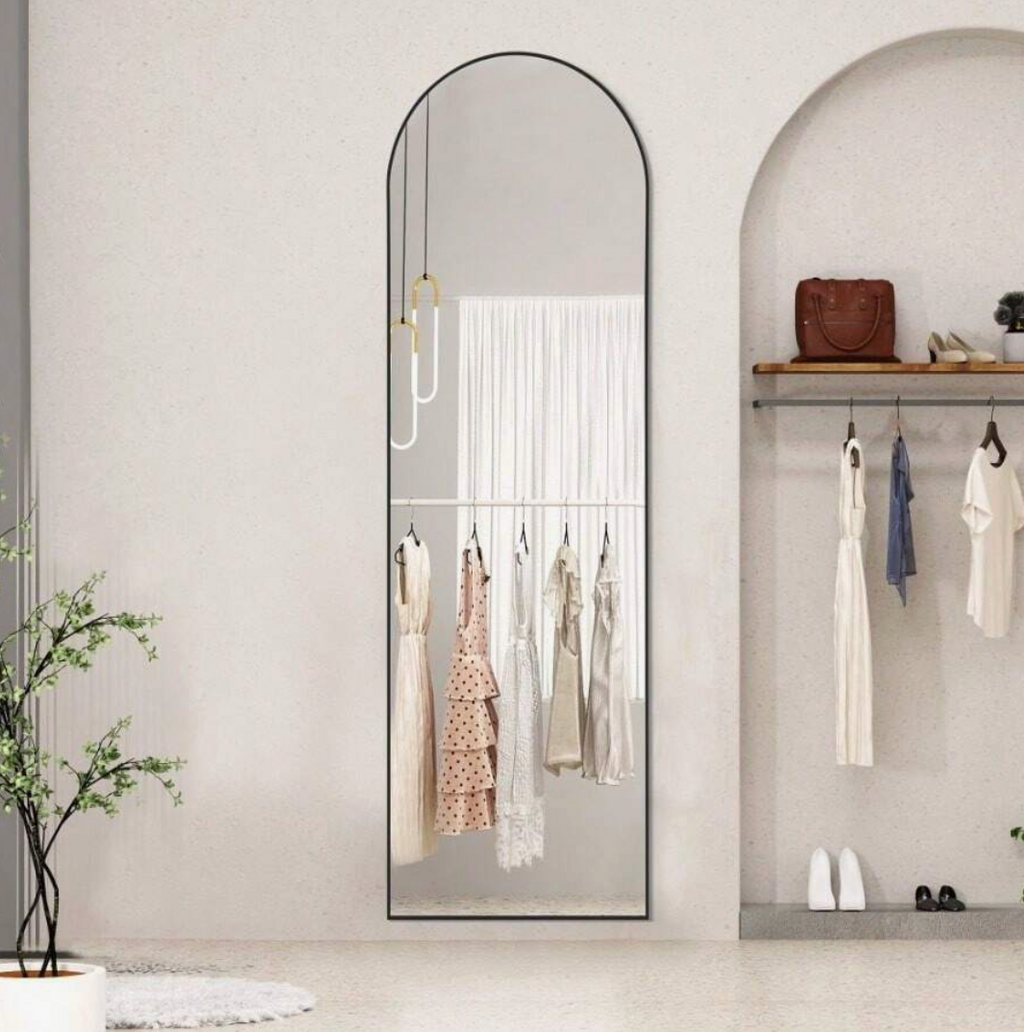 64″ x 21″ Black Arched Full‑Length Mirror Freestanding & Wall‑Mountable Floor Mirror with Stand & Hooks