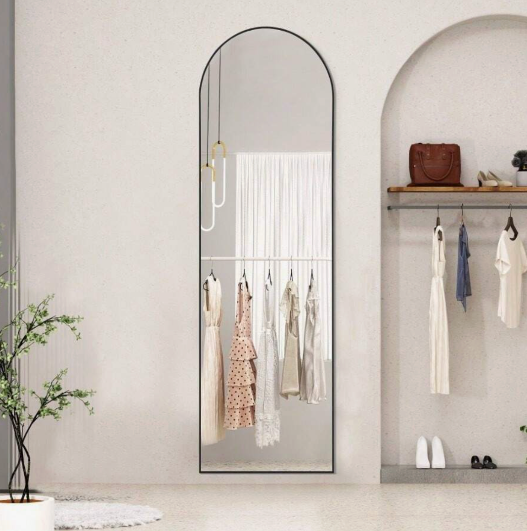 64″ x 21″ Black Arched Full‑Length Mirror Freestanding & Wall‑Mountable Floor Mirror with Stand & Hooks