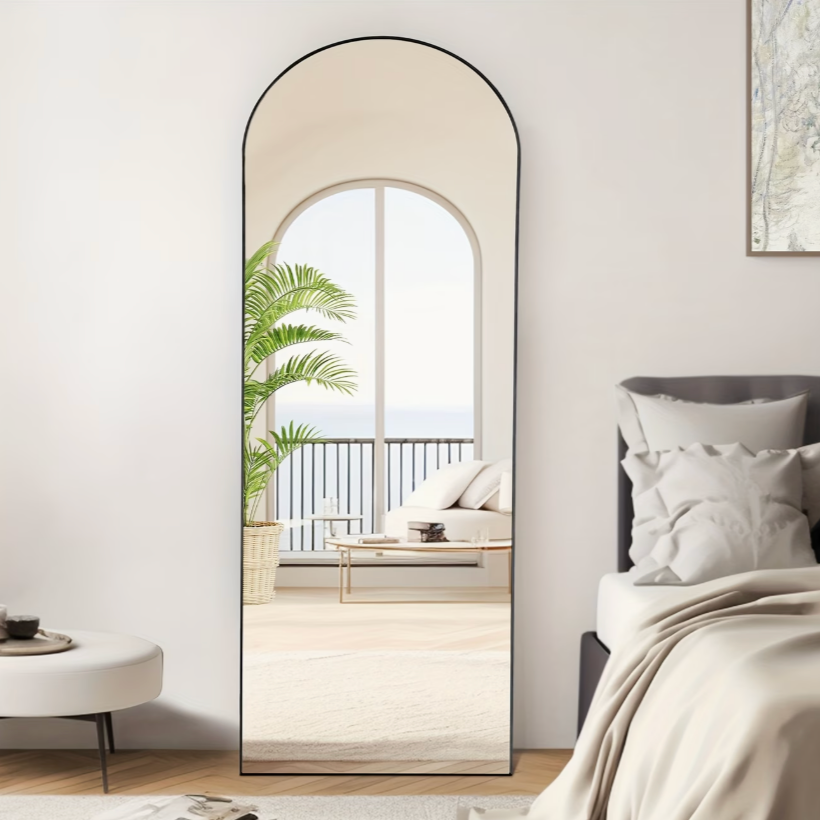 64″ x 21″ Black Arched Full‑Length Mirror Freestanding & Wall‑Mountable Floor Mirror with Stand & Hooks