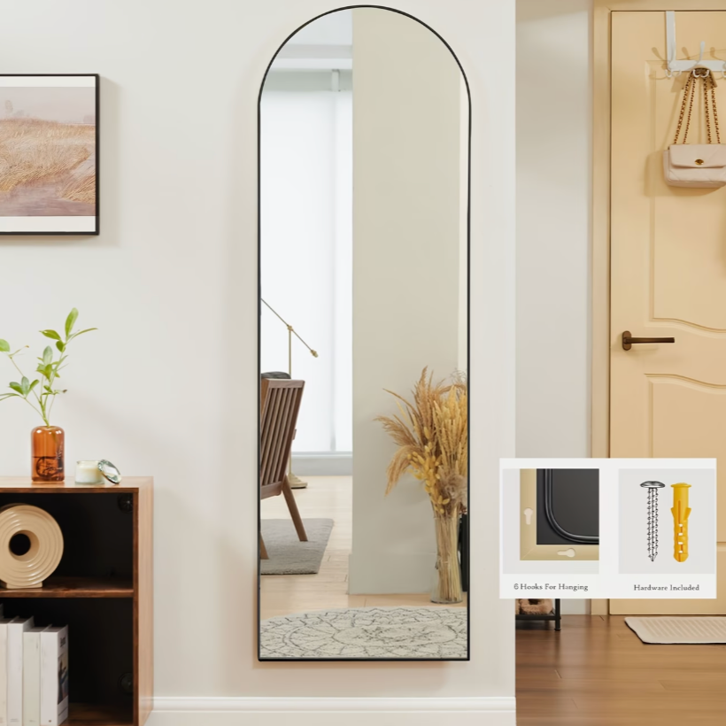 64″ x 21″ Black Arched Full‑Length Mirror Freestanding & Wall‑Mountable Floor Mirror with Stand & Hooks