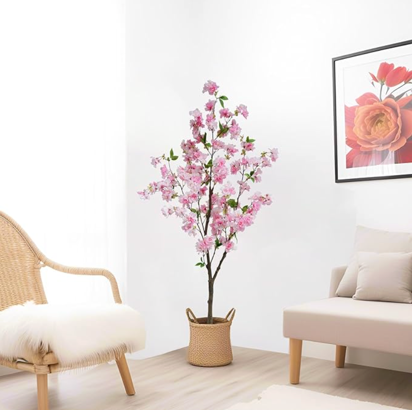 5 Foot Artificial Pink Cherry Blossom Tree Lifelike Faux Flower Plant with Pot for Home & Office Decor