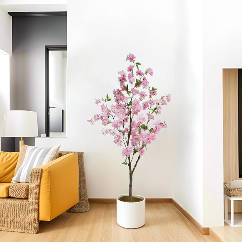5 Foot Artificial Pink Cherry Blossom Tree Lifelike Faux Flower Plant with Pot for Home & Office Decor