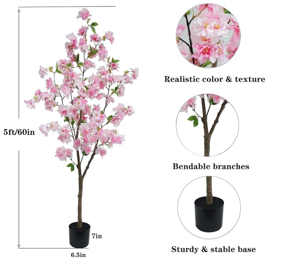 5 Foot Artificial Pink Cherry Blossom Tree Lifelike Faux Flower Plant with Pot for Home & Office Decor