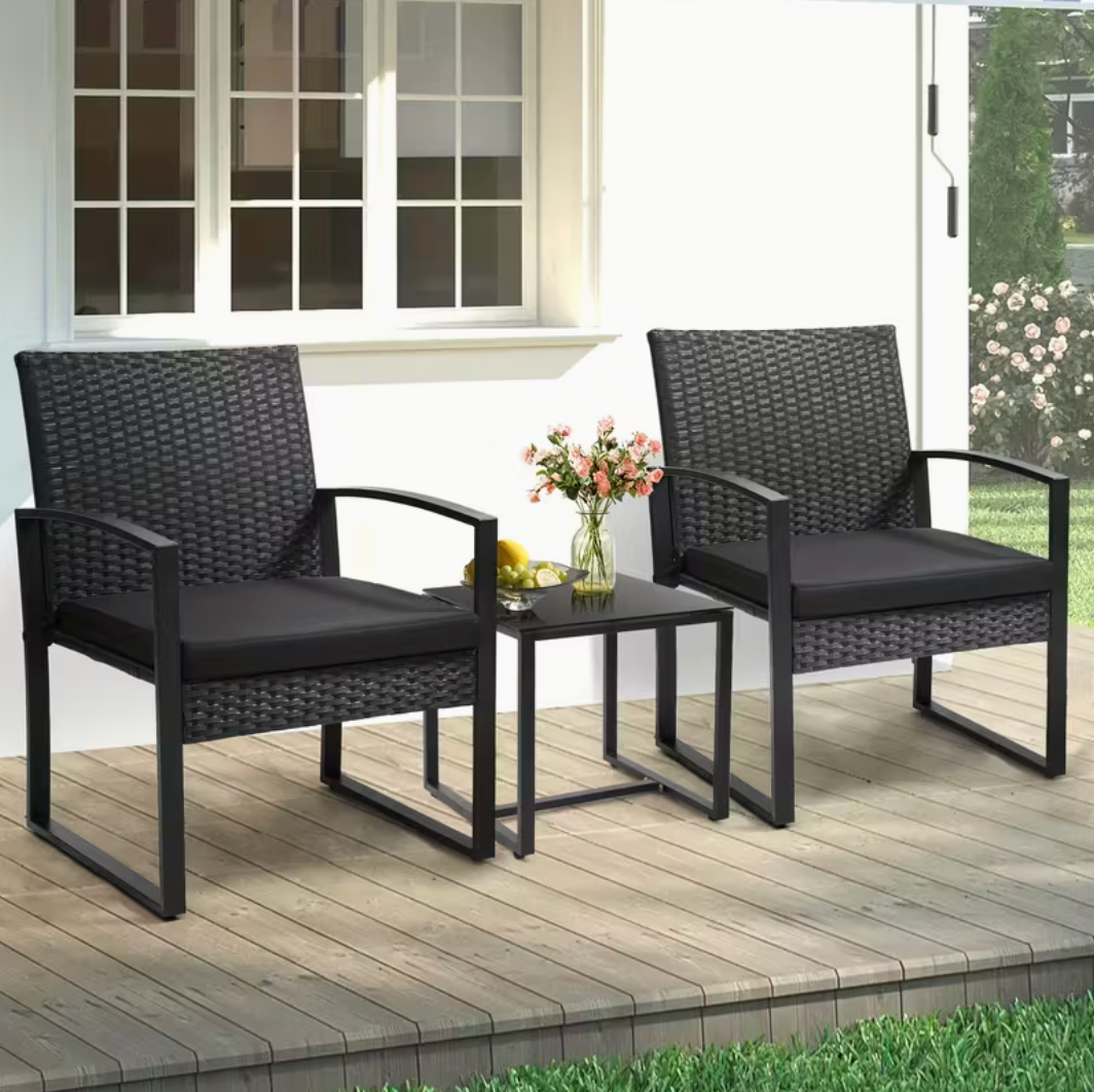 3-Piece Outdoor Rattan Bistro Set – Weather-Resistant Patio Furniture with Thick Cushions & Tempered Glass Table