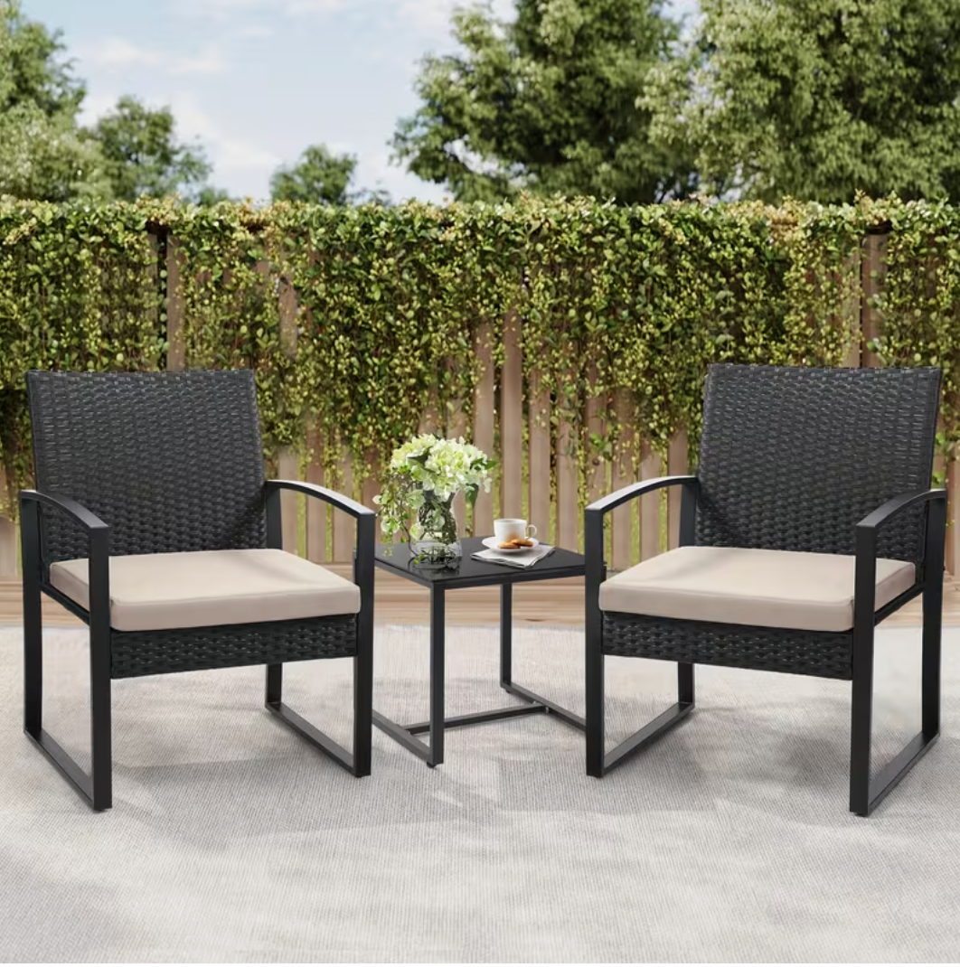 3-Piece Outdoor Rattan Bistro Set – Weather-Resistant Patio Furniture with Thick Cushions & Tempered Glass Table