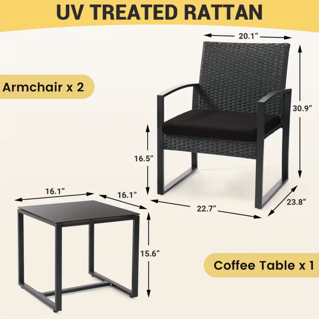 3-Piece Outdoor Rattan Bistro Set – Weather-Resistant Patio Furniture with Thick Cushions & Tempered Glass Table