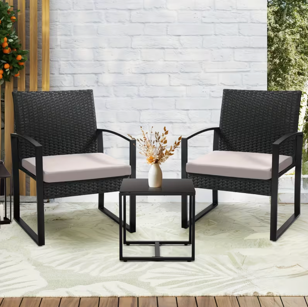 3-Piece Outdoor Rattan Bistro Set – Weather-Resistant Patio Furniture with Thick Cushions & Tempered Glass Table
