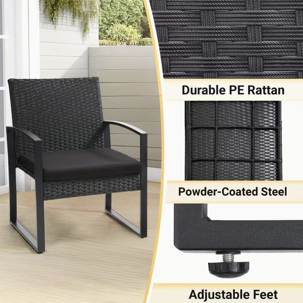 3-Piece Outdoor Rattan Bistro Set – Weather-Resistant Patio Furniture with Thick Cushions & Tempered Glass Table