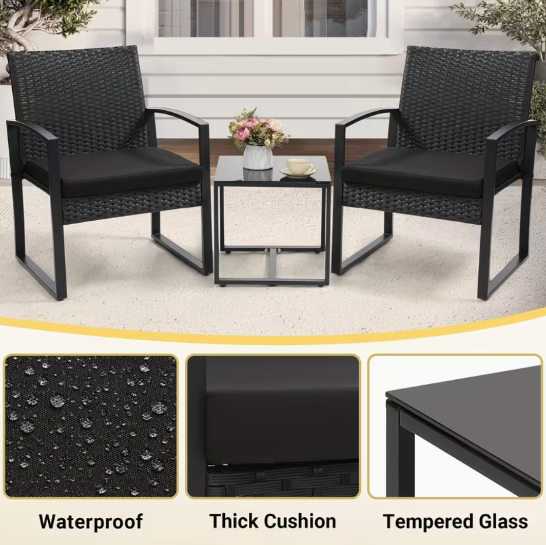 3-Piece Outdoor Rattan Bistro Set – Weather-Resistant Patio Furniture with Thick Cushions & Tempered Glass Table