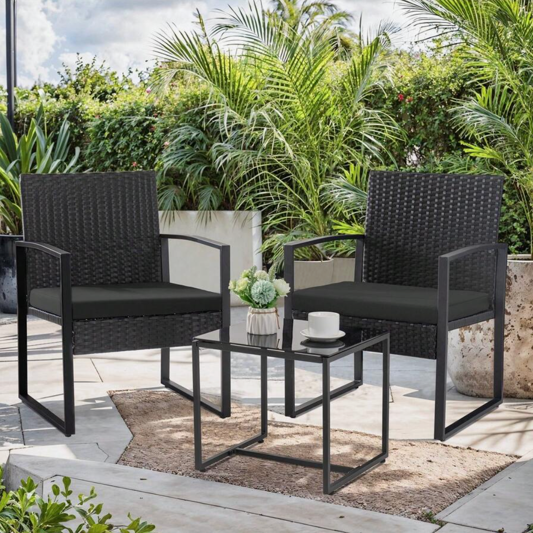 3-Piece Outdoor Rattan Bistro Set – Weather-Resistant Patio Furniture with Thick Cushions & Tempered Glass Table