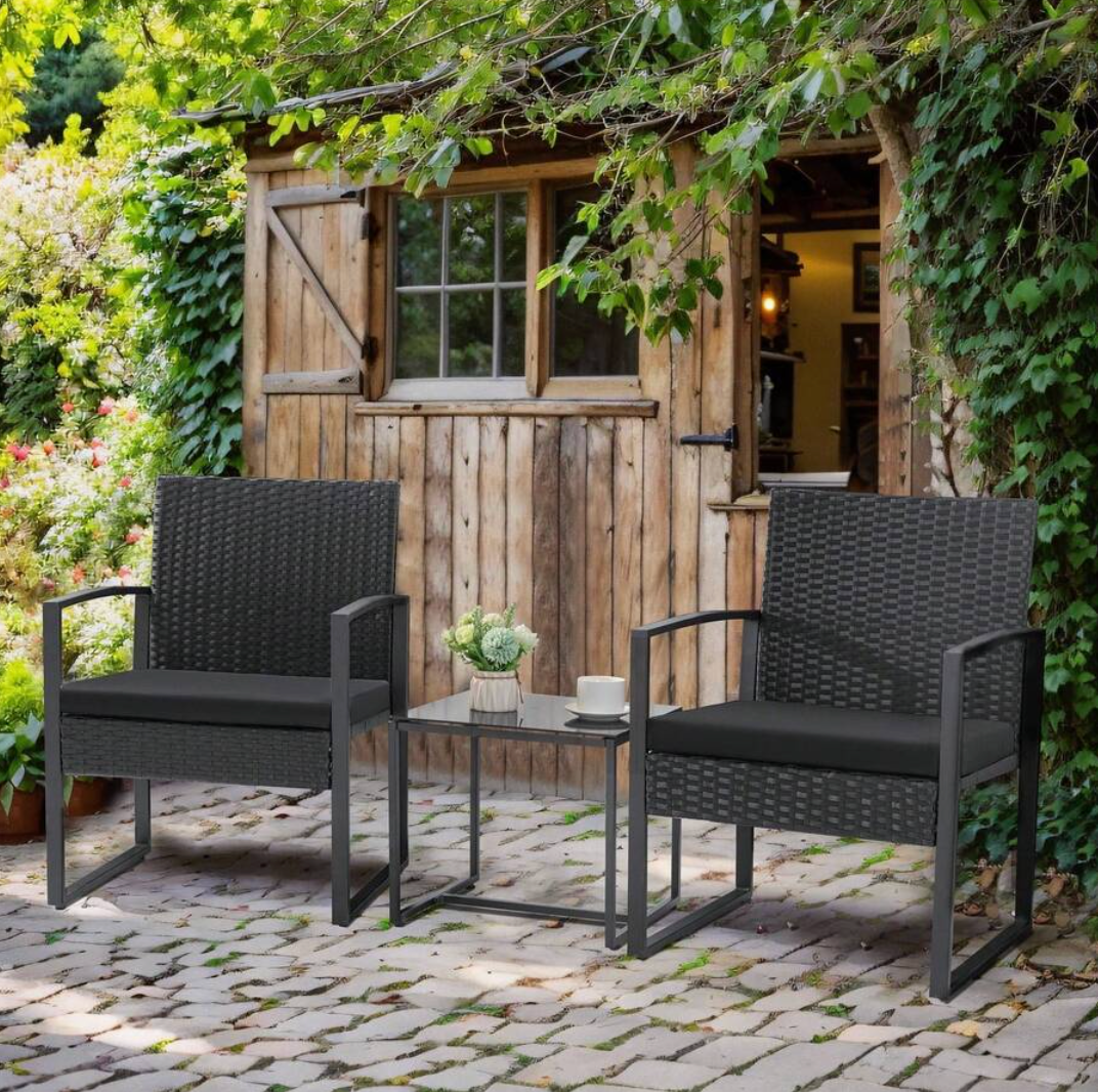 3-Piece Outdoor Rattan Bistro Set – Weather-Resistant Patio Furniture with Thick Cushions & Tempered Glass Table