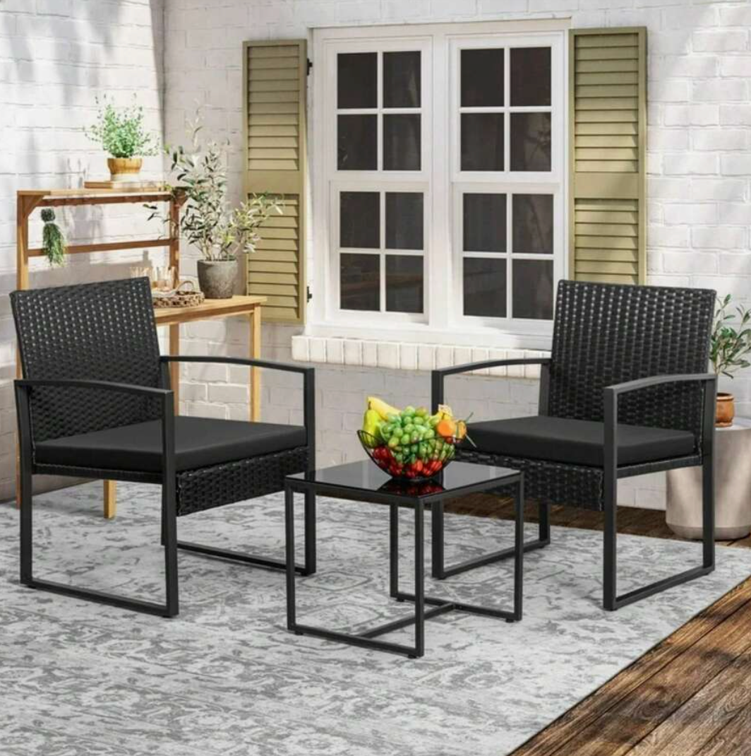 3-Piece Outdoor Rattan Bistro Set – Weather-Resistant Patio Furniture with Thick Cushions & Tempered Glass Table