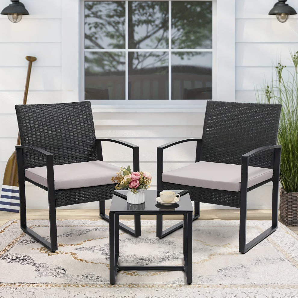 3-Piece Outdoor Rattan Bistro Set – Weather-Resistant Patio Furniture with Thick Cushions & Tempered Glass Table