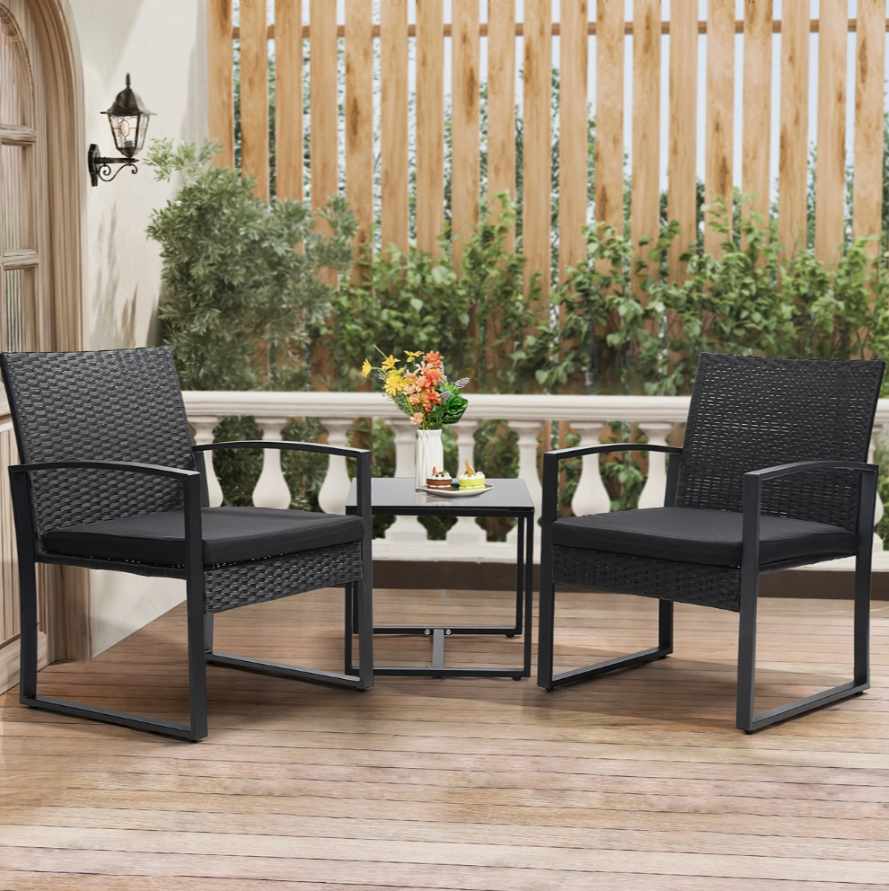 3-Piece Outdoor Rattan Bistro Set – Weather-Resistant Patio Furniture with Thick Cushions & Tempered Glass Table