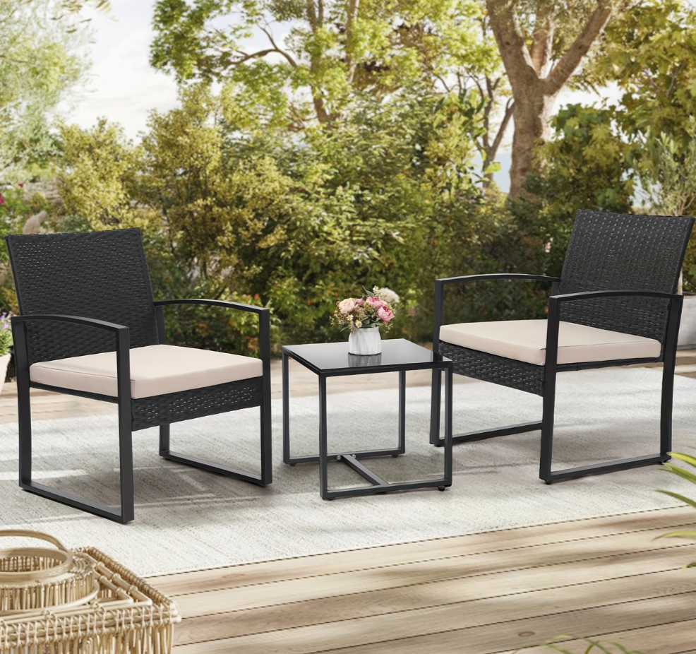 3-Piece Outdoor Rattan Bistro Set – Weather-Resistant Patio Furniture with Thick Cushions & Tempered Glass Table