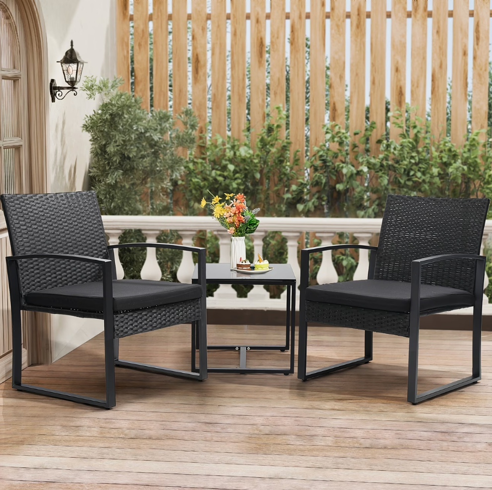 3-Piece Outdoor Rattan Bistro Set – Weather-Resistant Patio Furniture with Thick Cushions & Tempered Glass Table