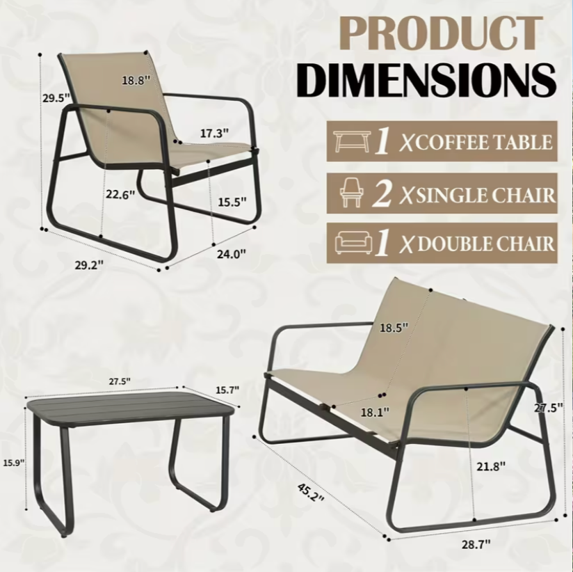 4-Piece Outdoor Textilene Patio Conversation Set with Loveseat & Coffee Table