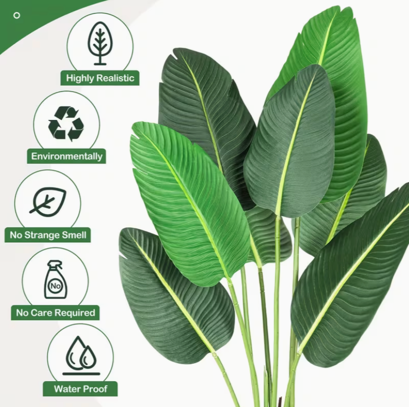 Set of 2 - 5 ft Artificial Bird of Paradise Banana Leaf Plants Lifelike Faux Tropical Trees with Pots for Home & Office Decor