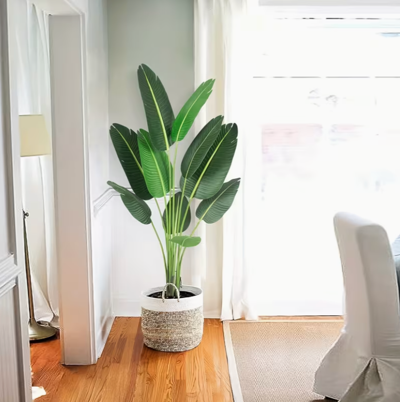 Set of 2 - 5 ft Artificial Bird of Paradise Banana Leaf Plants Lifelike Faux Tropical Trees with Pots for Home & Office Decor