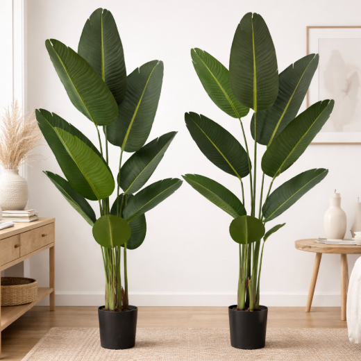 Set of 2 - 5 ft Artificial Bird of Paradise Banana Leaf Plants Lifelike Faux Tropical Trees with Pots for Home & Office Decor