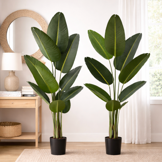 Set of 2 - 5 ft Artificial Bird of Paradise Banana Leaf Plants Lifelike Faux Tropical Trees with Pots for Home & Office Decor