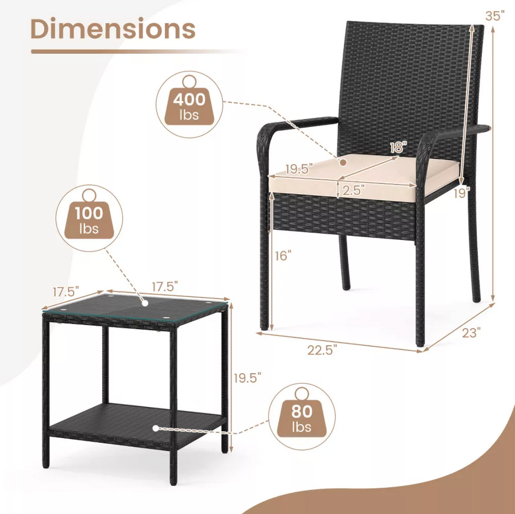 3-Piece Outdoor Patio Furniture Set PE Rattan Cushioned Conversation Chairs & 2-Tier Tempered Glass Table