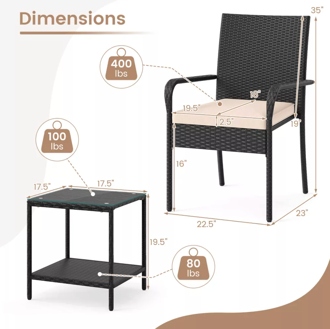 3-Piece Outdoor Patio Furniture Set PE Rattan Cushioned Conversation Chairs & 2-Tier Tempered Glass Table
