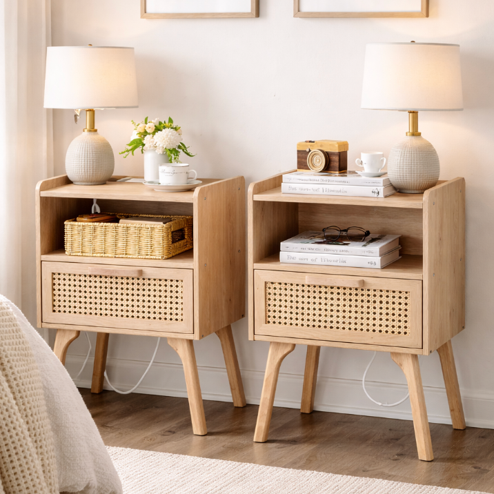 Set of 2 BoHo Night Stands with Storage Drawer & Charing Port
