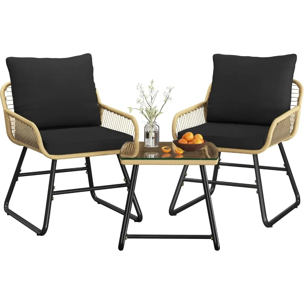3-Piece Outdoor Wicker Bistro Set PE Rattan Patio Furniture with 2 Chairs & Tempered Glass Table