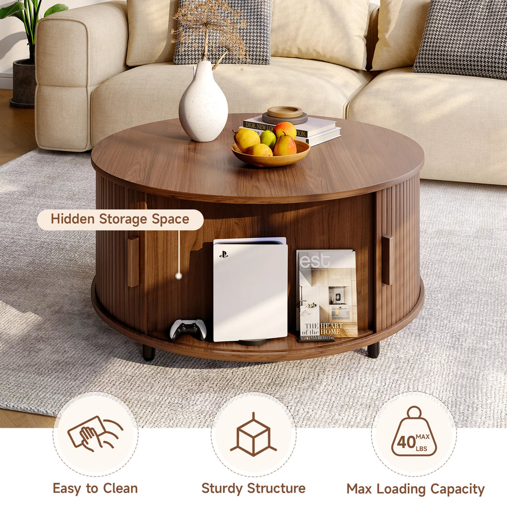 Modern 31.5″ Round Coffee Table with Hidden Storage - Fluted Wood Accent & 360° Curved Sliding Door