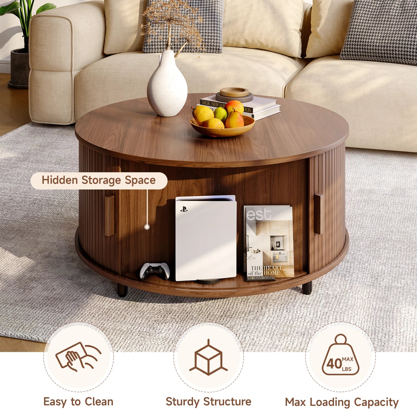 Modern 31.5″ Round Coffee Table with Hidden Storage - Fluted Wood Accent & 360° Curved Sliding Door
