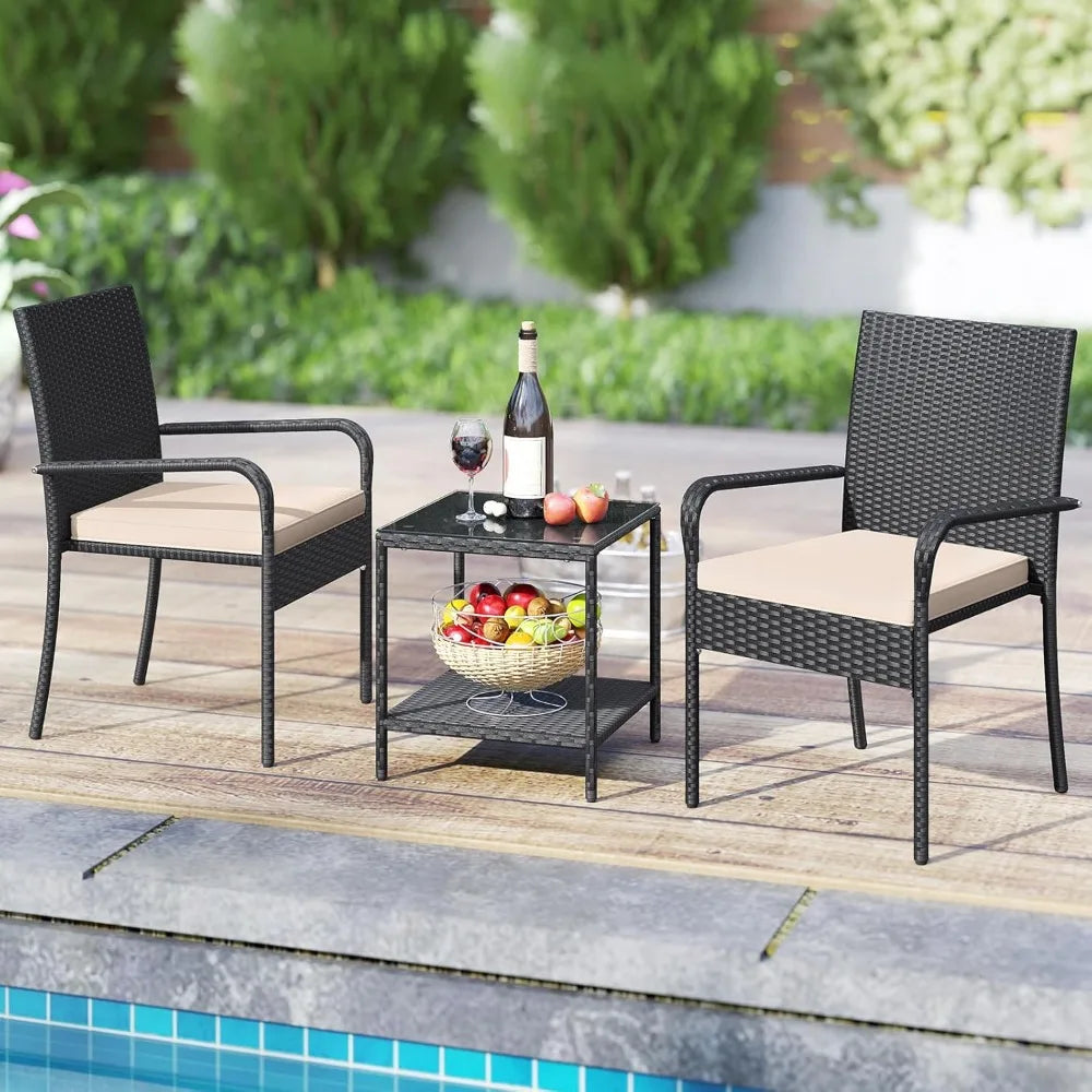 3-Piece Outdoor Patio Furniture Set PE Rattan Cushioned Conversation Chairs & 2-Tier Tempered Glass Table